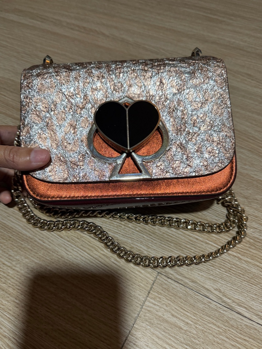 Kate Spade Metallic Runway/Collectible Silver, Rose Gold Heart-Accent Crossbody